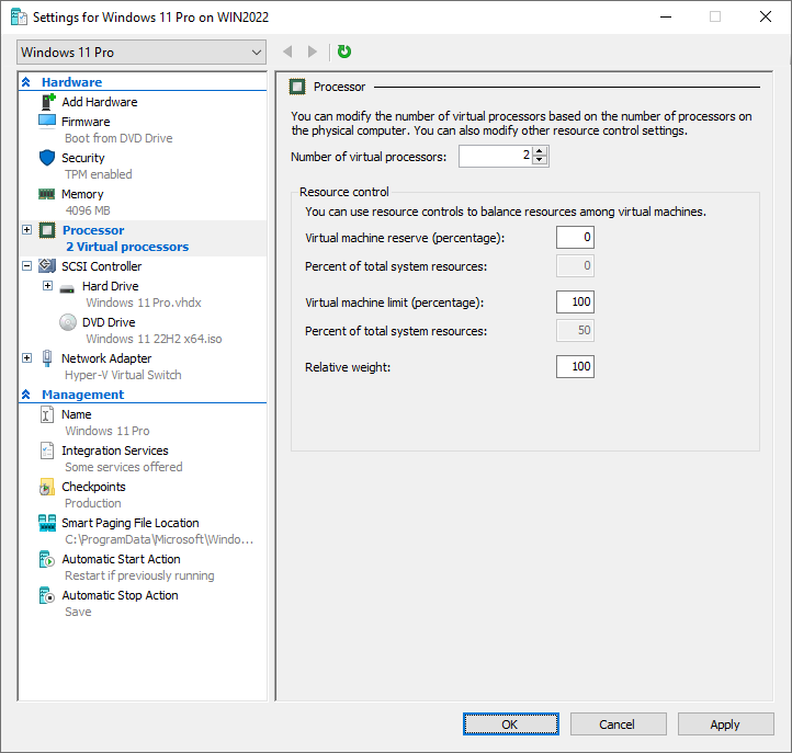 Virtual Machine Settings - Processor