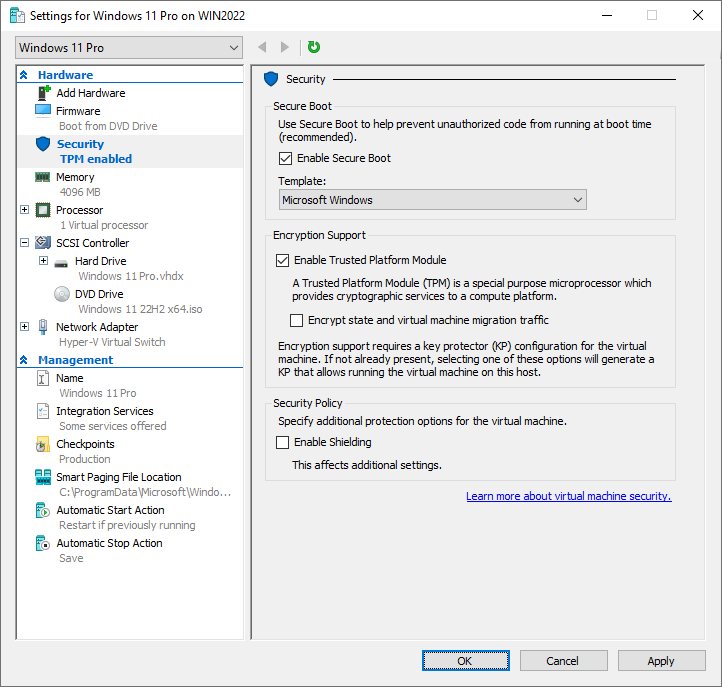 Virtual Machine Settings - Security